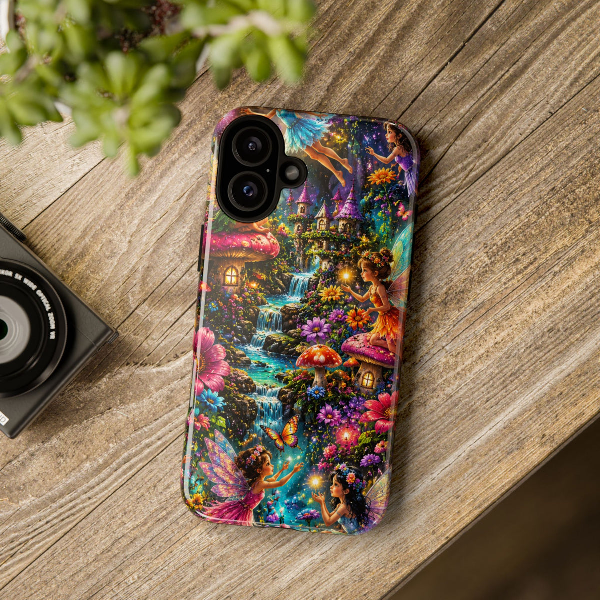Fairy Garden Tough Phone Case — Whimsical Cottage, Waterfall & Mushroom Artwork