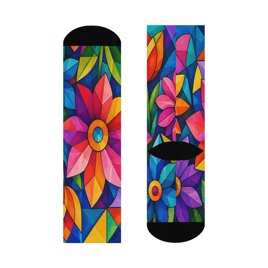 Floral Stained Glass Crew Socks — Bright Colorful Tulip Pattern
