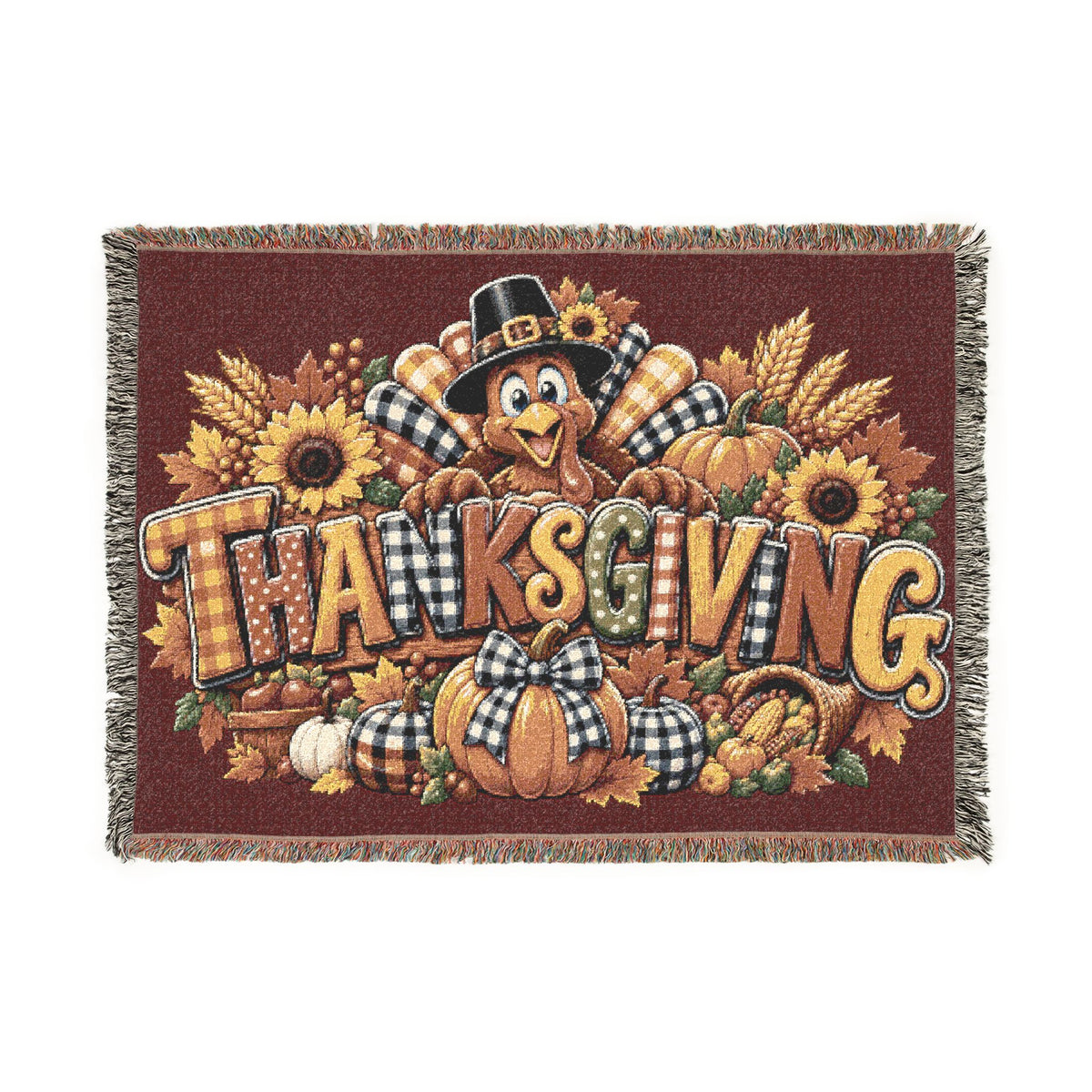 Thanksgiving Turkey Woven Blanket – Fall Harvest Throw with Pumpkins & Sunflowers