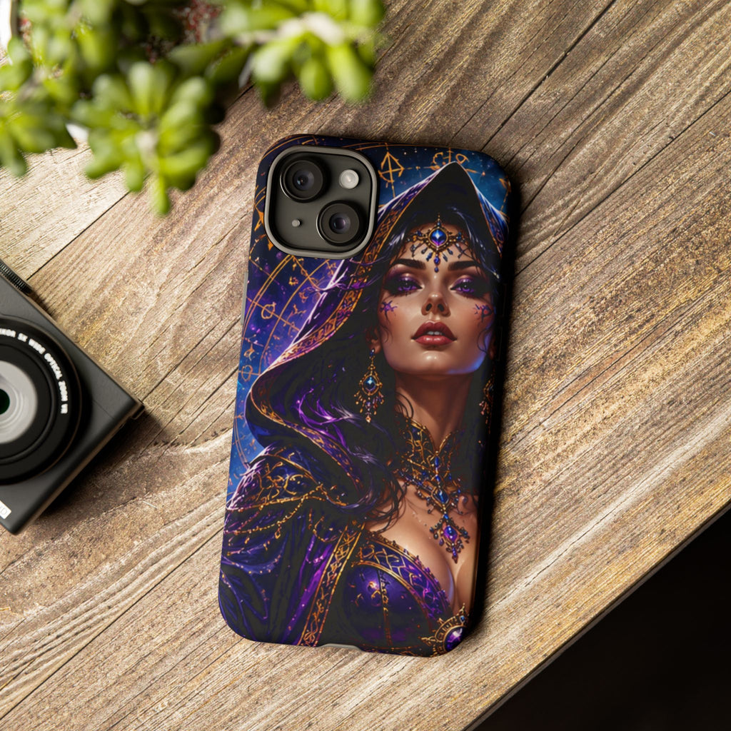 Phone Case — Mystical Sorceress Art Protective Tough Case (Astrology, Purple Hooded Witch)