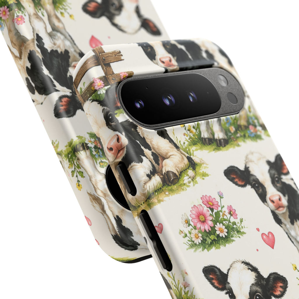 Cute Calf Pattern Phone Case – Pastel Cow Hearts & Flowers Protective Cover