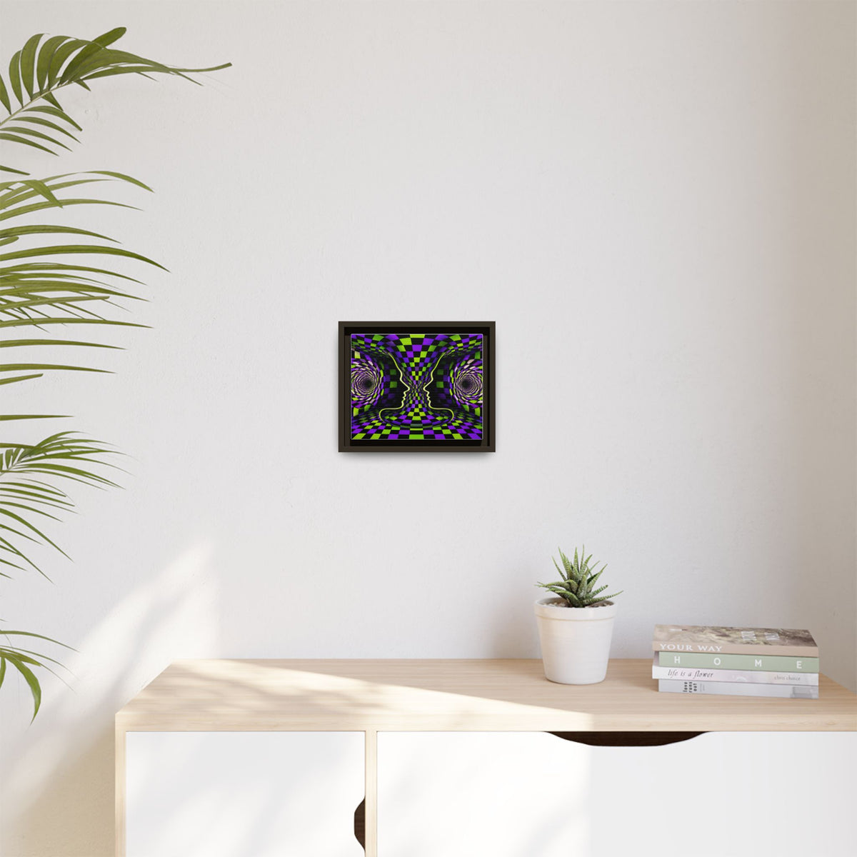 Framed Psychedelic Illusion Art Print — Abstract Checkerboard Faces (Purple & Green)
