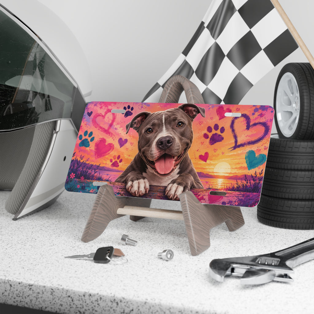 Happy Pitbull Sunset Vanity Plate | Paw Print Heart License Plate