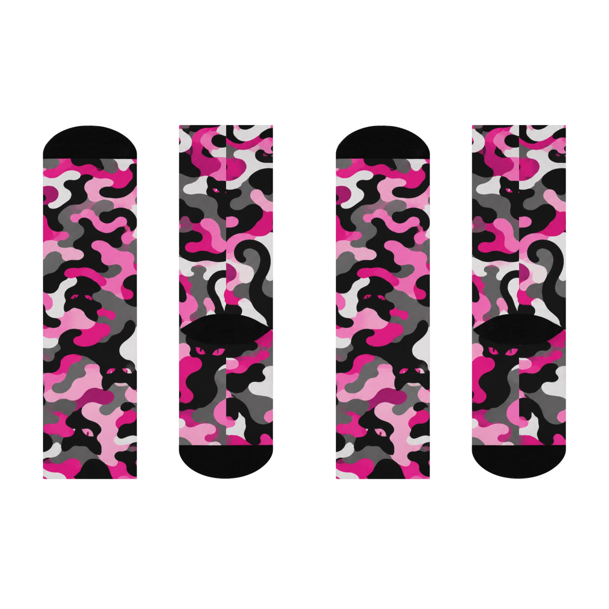 Pink Camo Crew Socks — Cushioned Fashion Socks with Cat Silhouette Pattern