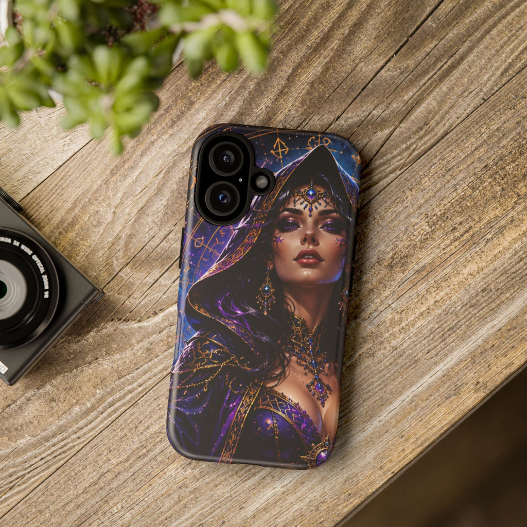 Phone Case — Mystical Sorceress Art Protective Tough Case (Astrology, Purple Hooded Witch)