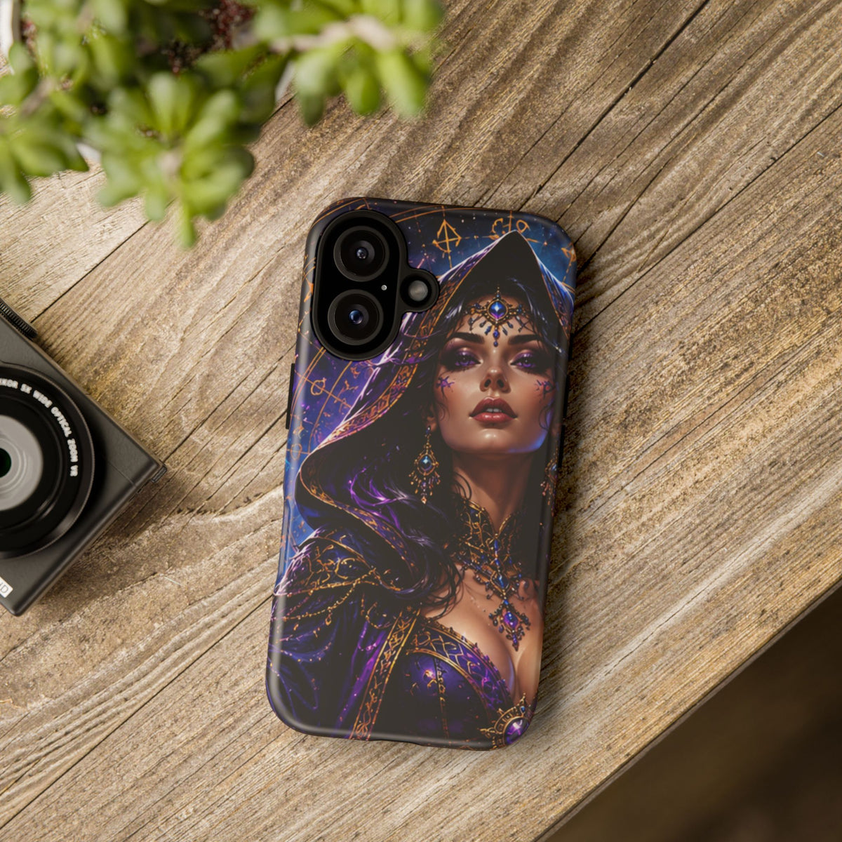 Phone Case — Mystical Sorceress Art Protective Tough Case (Astrology, Purple Hooded Witch)