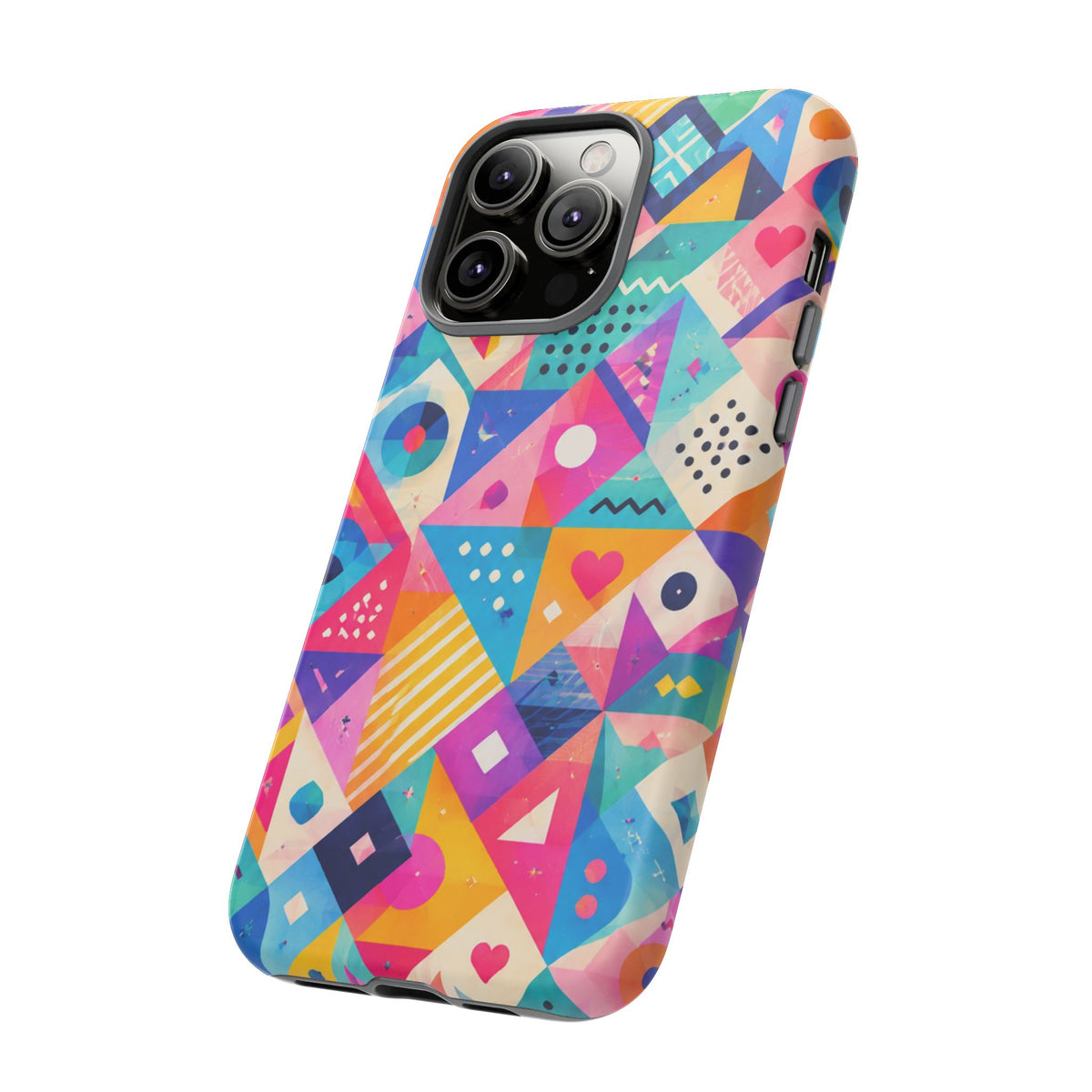 Colorful Geometric Tough Phone Case — Bright Abstract Heart & Triangle Pattern