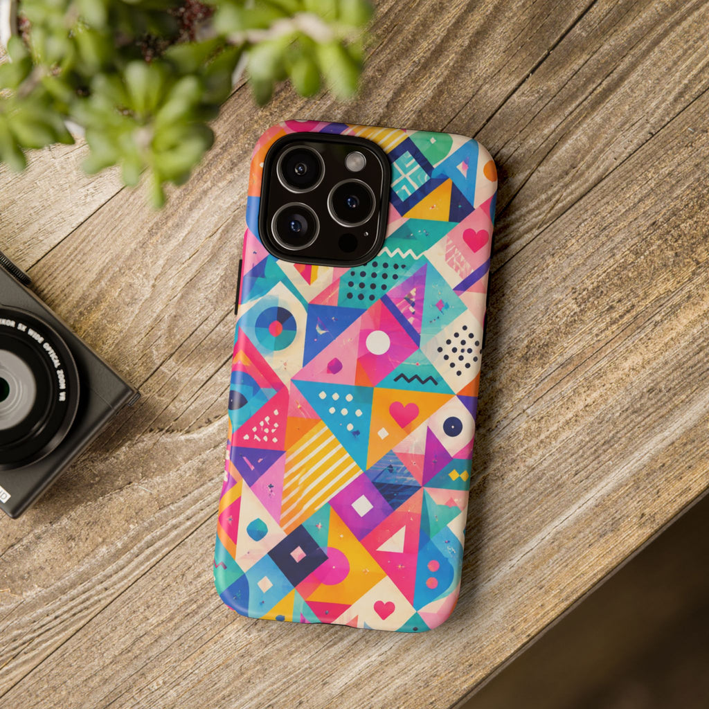 Colorful Geometric Tough Phone Case — Bright Abstract Heart & Triangle Pattern