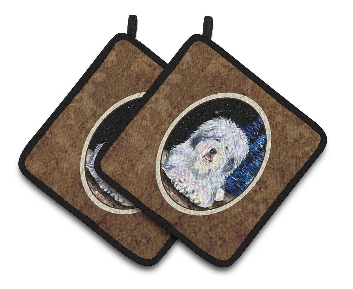 Starry Night Old English Sheepdog Pot Holder Set of 2 Heat Resistant Quilted Hot Pads 7.5 x 7.5 Inch, Insulated Kitchen Trivets for Cooking & Baking