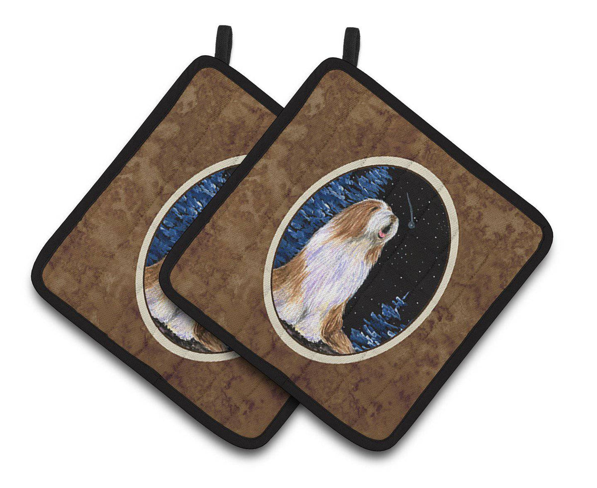 Starry Night Bearded Collie Pot Holder Set of 2 Heat Resistant Quilted Hot Pads 7.5 x 7.5 Inch, Insulated Kitchen Trivets for Cooking & Baking