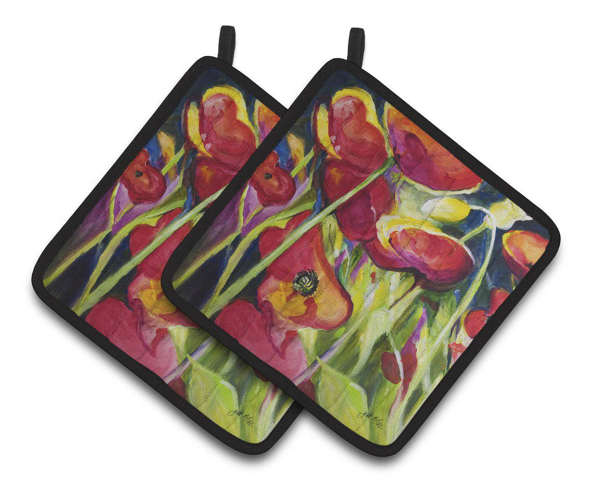 Poppies Pot Holder Set of 2 Heat Resistant Quilted Hot Pads 7.5 x 7.5 Inch, Insulated Kitchen Trivets for Cooking & Baking