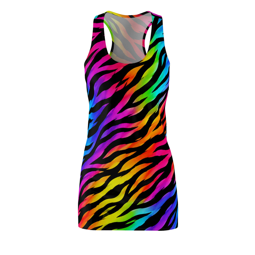 Rainbow Zebra Racerback Dress — Bold Neon Animal Print Sleeveless Dress