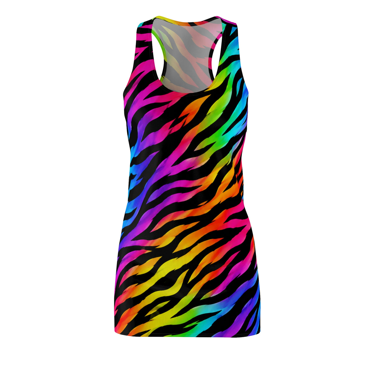 Rainbow Zebra Racerback Dress — Bold Neon Animal Print Sleeveless Dress