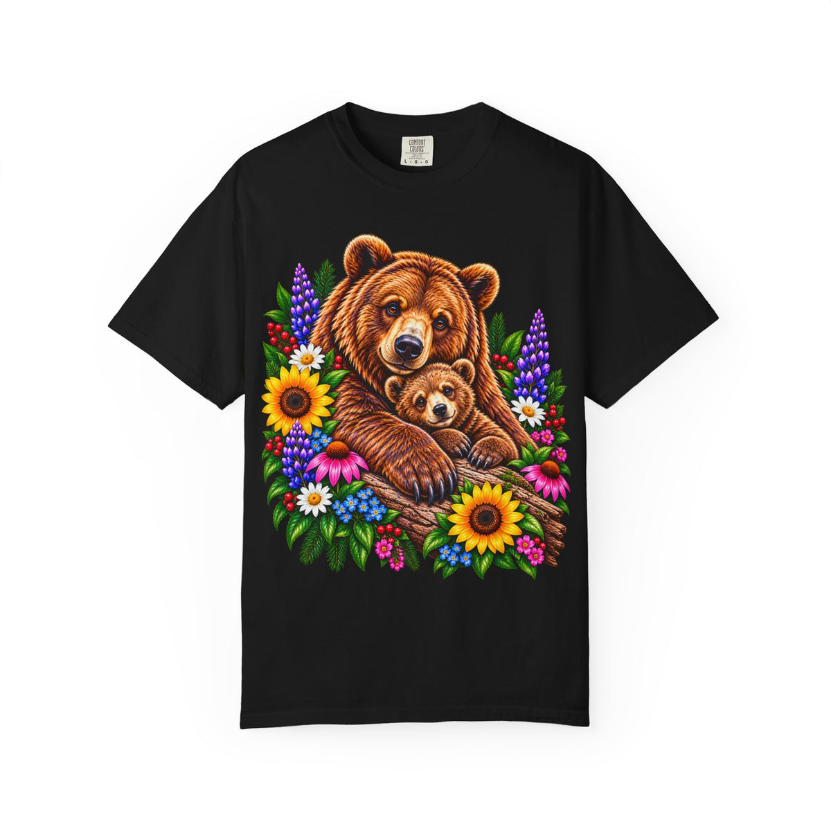 Mama Bear and Cub Floral Illustration T-shirt | Sunflower Lupine Graphic