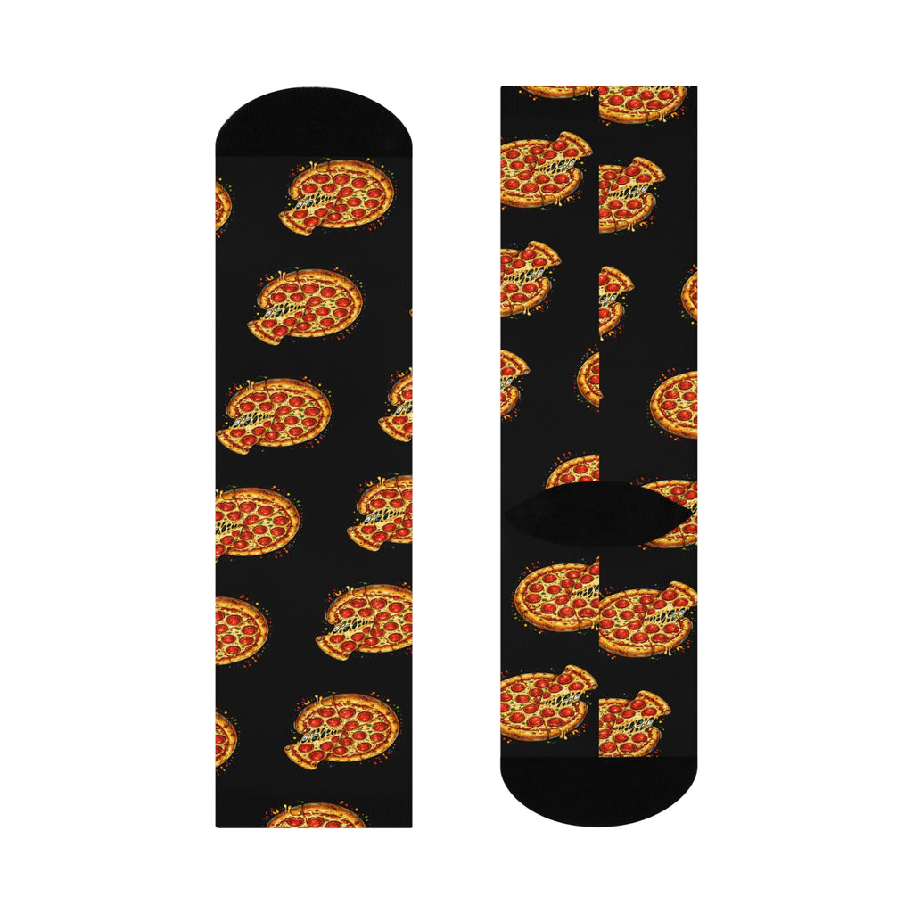 Pizza Pattern Crew Socks — Fun Black Cushioned Knee-High Socks
