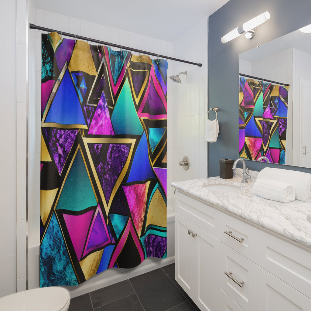 Vibrant Geometric Triangle Shower Curtain — Neon Gold Retro Bathroom Decor