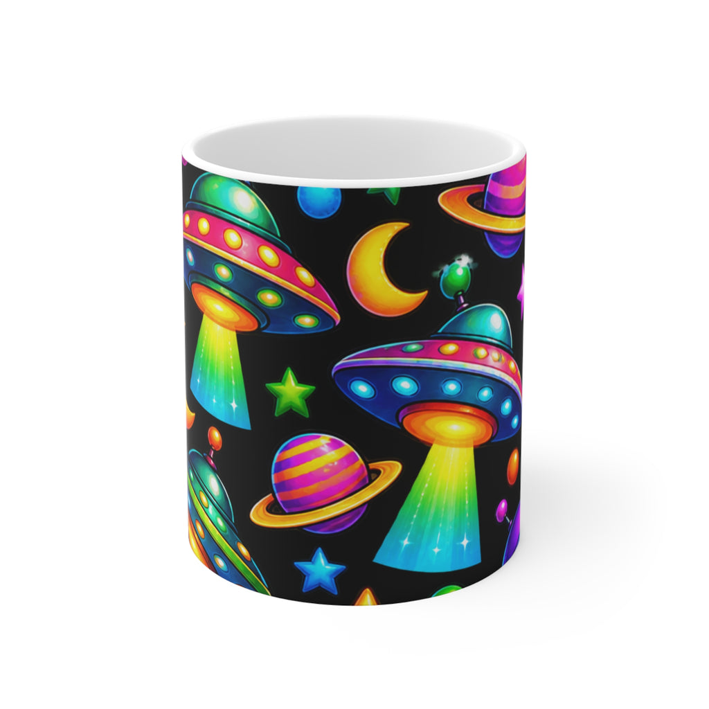 Neon UFOs & Planets Ceramic Mug — 11oz Colorful Space Alien Pattern