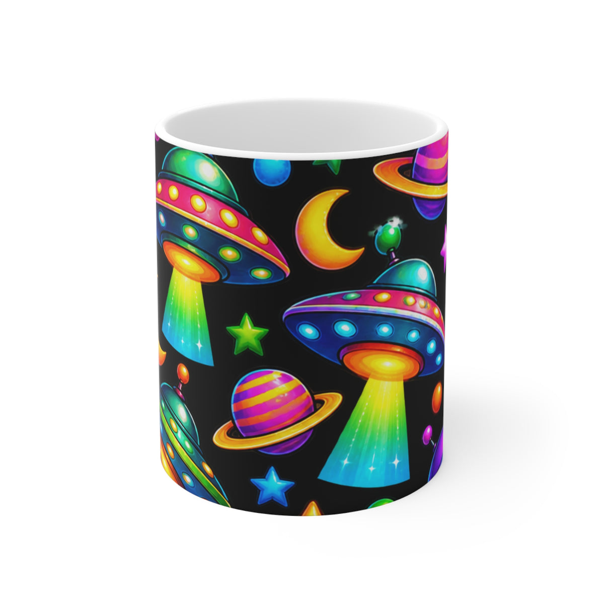 Neon UFOs & Planets Ceramic Mug — 11oz Colorful Space Alien Pattern