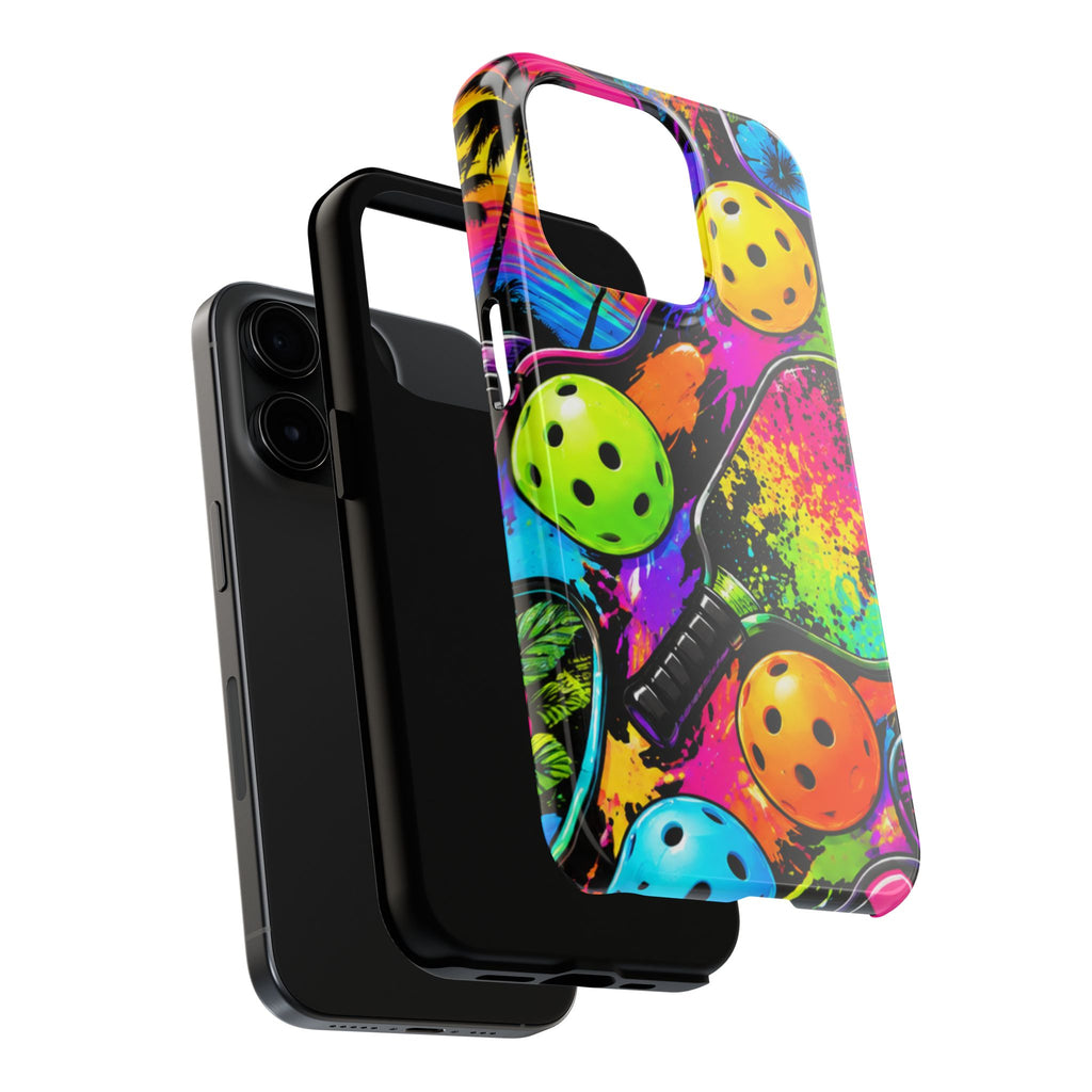 Pickleball Splash Tough Phone Case — Neon Paddle & Ball Protective Cover