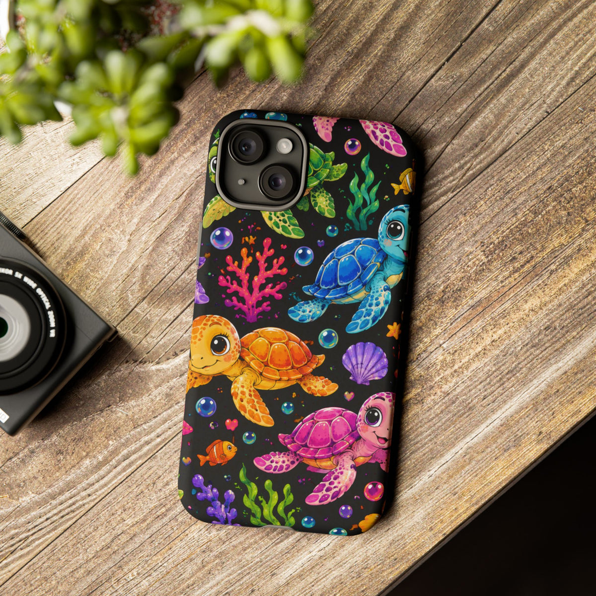 Phone Case — Colorful Cute Sea Turtles on Black (Protective Smartphone Cover)