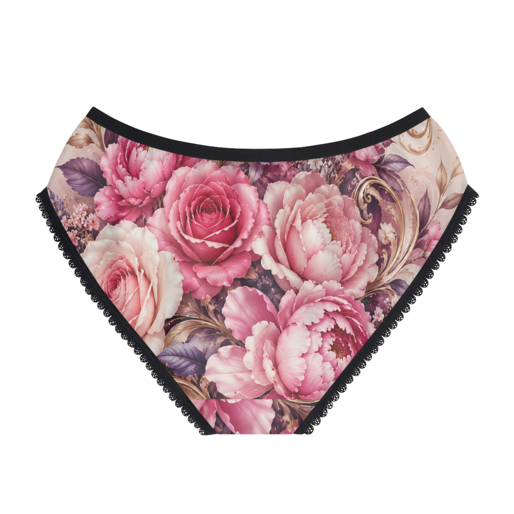 Floral Lace-Trim Women's Briefs — Pink Vintage Rose All-Over Print