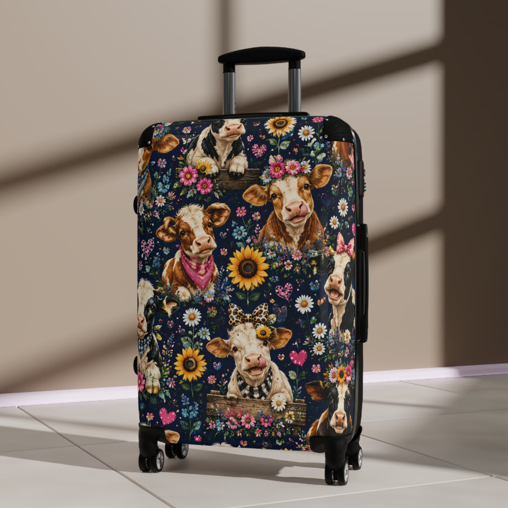 Cow Floral Suitcase – Cute Cow Print Carry-On Luggage with Sunflowers