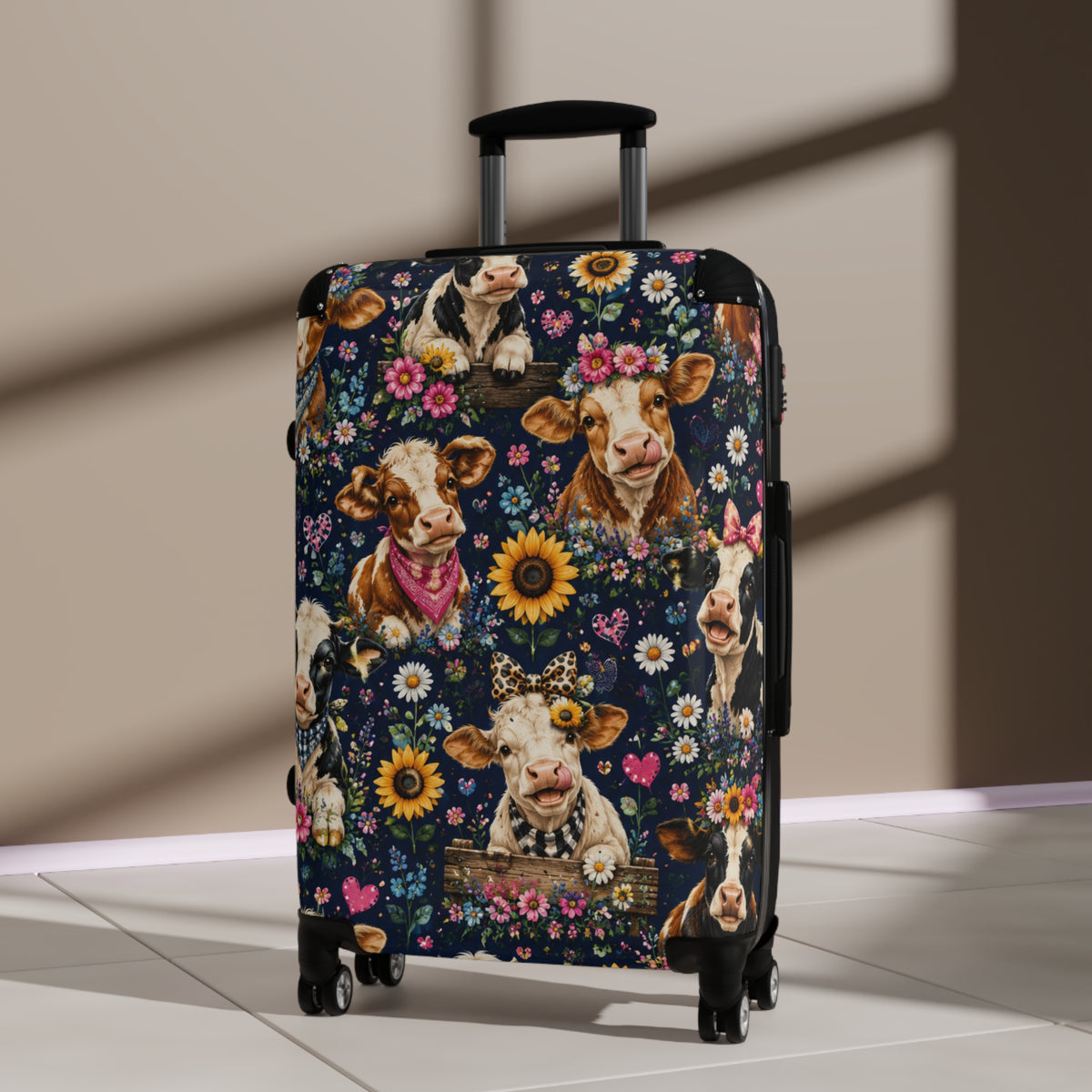 Cow Floral Suitcase – Cute Cow Print Carry-On Luggage with Sunflowers