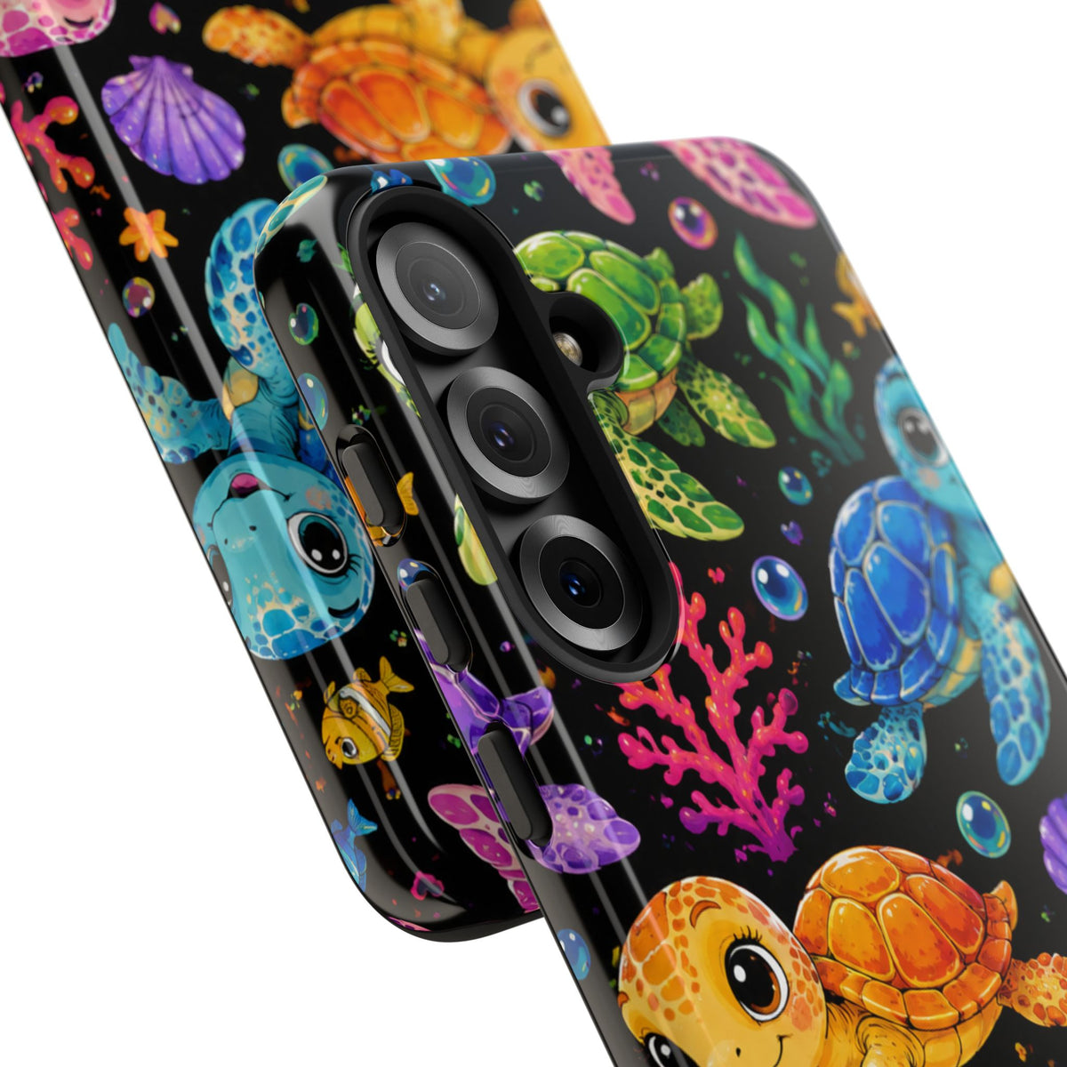 Phone Case — Colorful Cute Sea Turtles on Black (Protective Smartphone Cover)