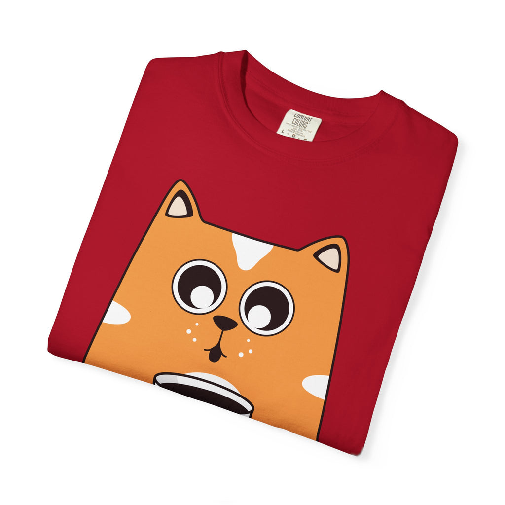 Coffee Cat T-Shirt — Cute Cat Holding Coffee Mug, “My morning doesn’t start until the coffee clocks in” Tee
