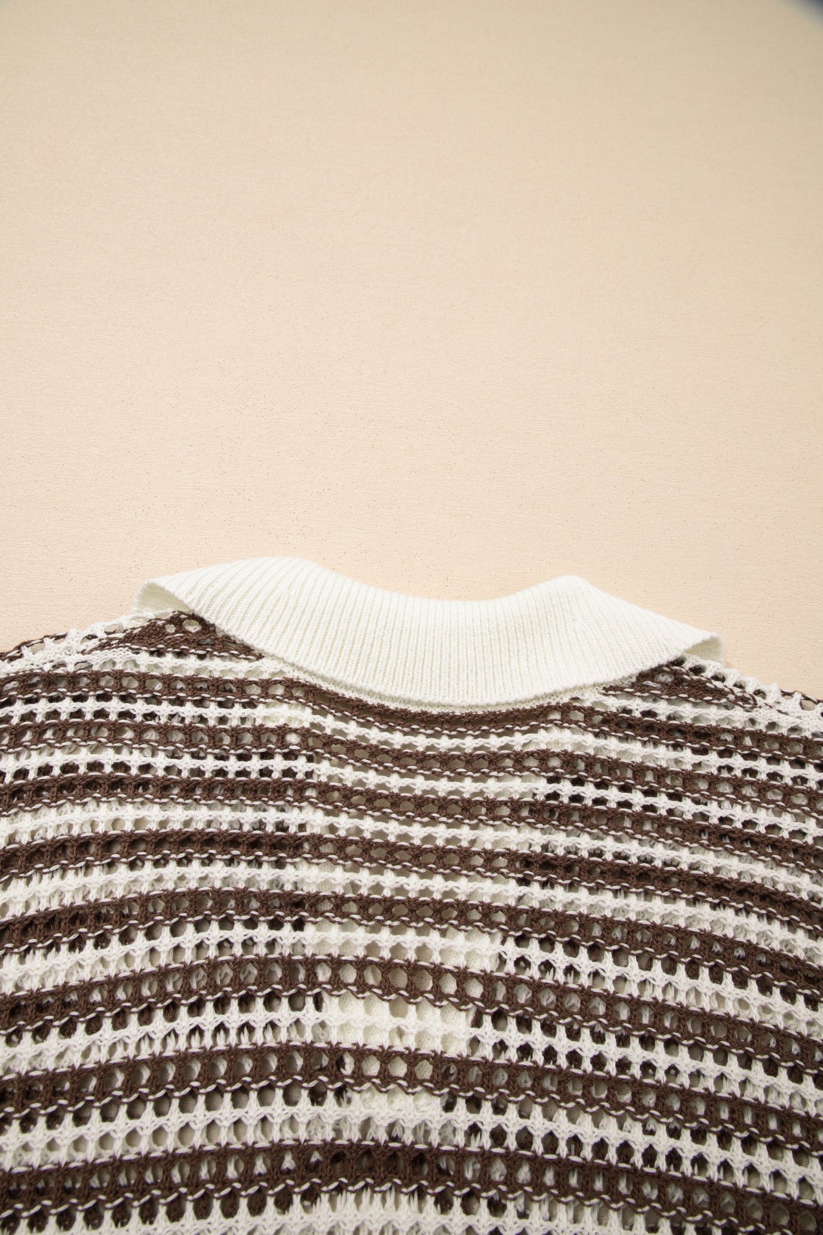 Stripe Eyelet Contrast Collared V-Neck Sweater