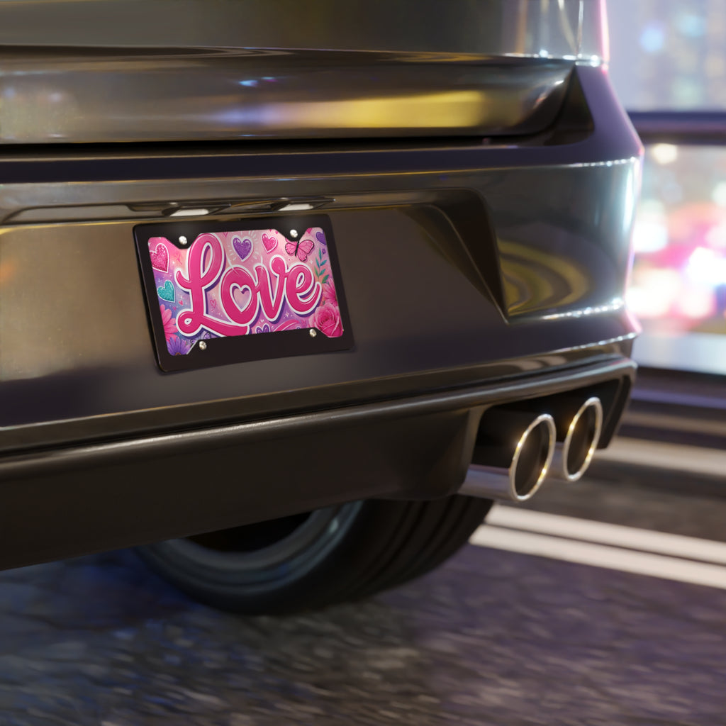 Love Script Vanity Plate | Pink Hearts, Flowers, Butterfly