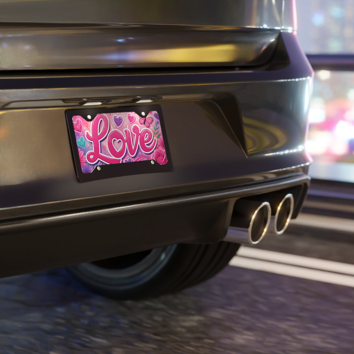 Love Script Vanity Plate | Pink Hearts, Flowers, Butterfly