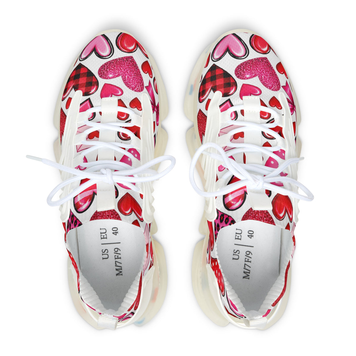 Women's Mesh Sneakers — Pink & Red Heart Pattern Athletic Shoes