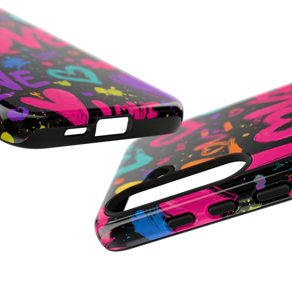 Phone Case — Neon Graffiti "Love" Hearts Protective Tough Case