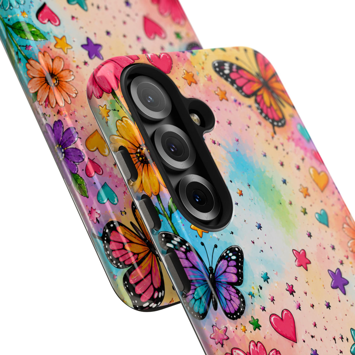 Colorful Butterflies and Flowers Tough Phone Case | Rainbow Hearts Stars
