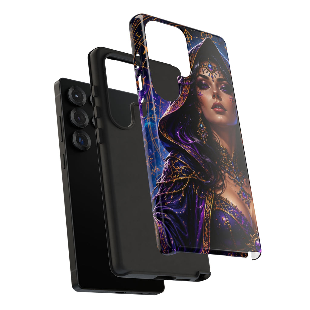 Phone Case — Mystical Sorceress Art Protective Tough Case (Astrology, Purple Hooded Witch)