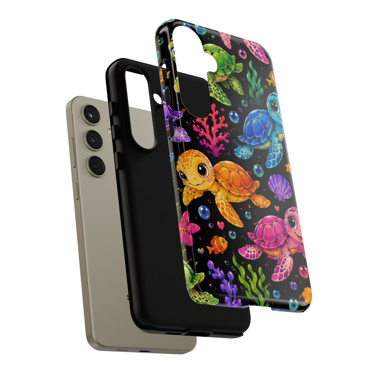 Phone Case — Colorful Cute Sea Turtles on Black (Protective Smartphone Cover)