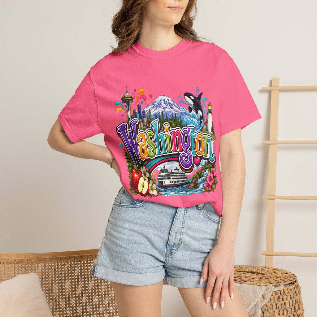 Washington State Scene T-shirt | Seattle Skyline, Orca, Apples