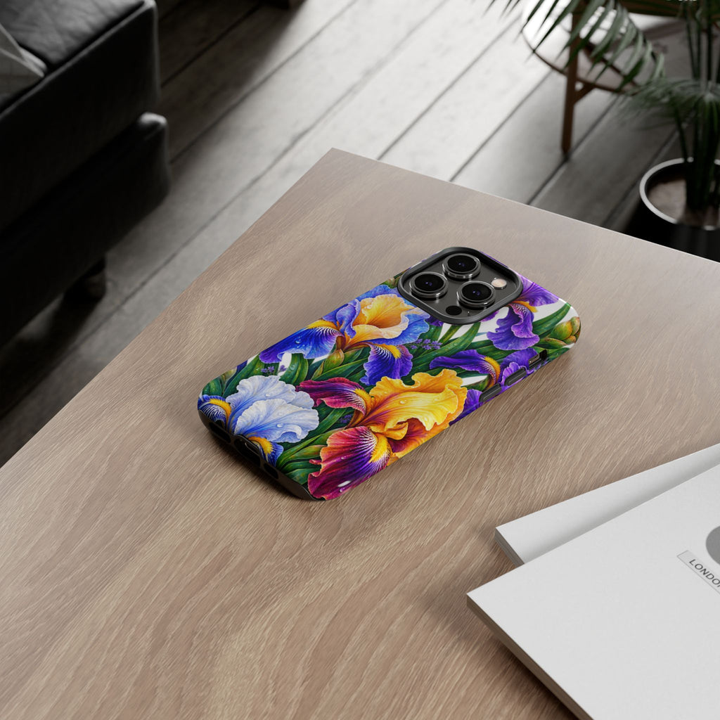 Floral Iris Tough Phone Case — Colorful Watercolor Iris Protective Cover