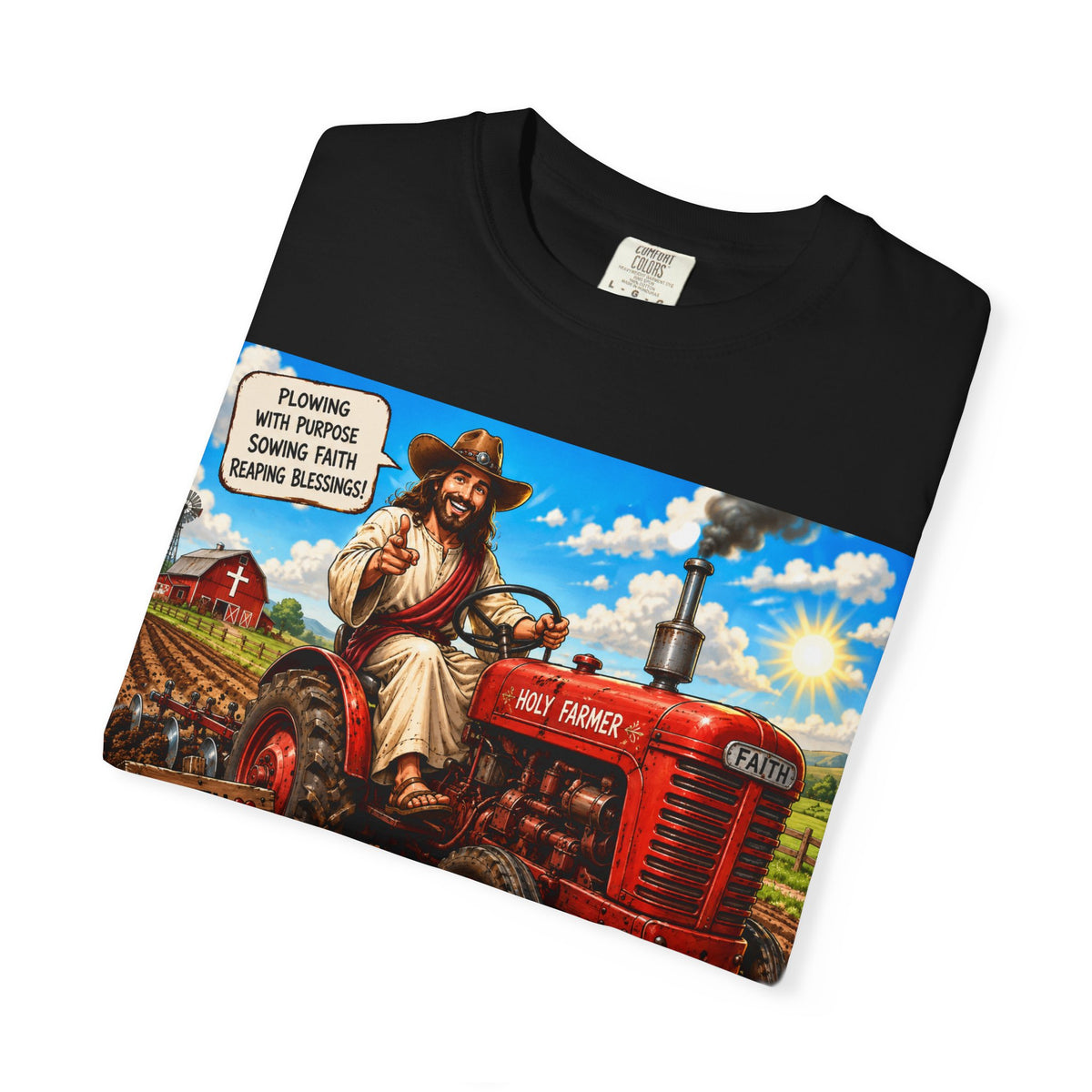 Farmer on Red Tractor T-Shirt — 'Faith, Family, Farming' Vintage Farm Graphic Tee