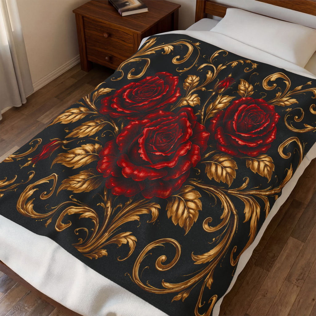 Velveteen Blanket - Baroque Red Roses on Black Plush Throw