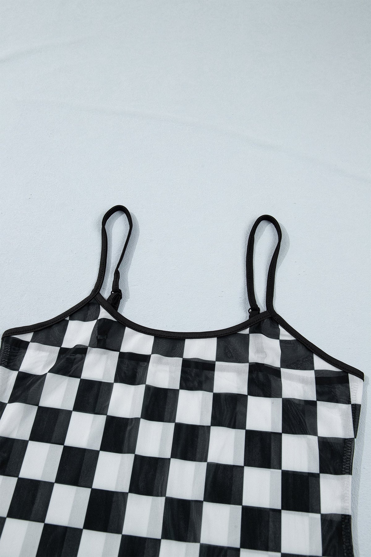 Checker Sheer Mesh Spaghetti Strap Tank Top