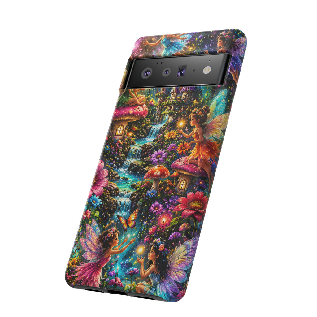 Fairy Garden Tough Phone Case — Whimsical Cottage, Waterfall & Mushroom Artwork