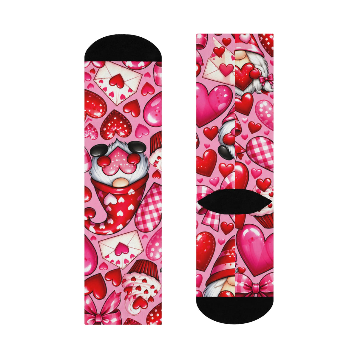 Valentine Heart Pattern Cushioned Crew Socks — Cute Pink Hearts, Envelopes & Cupcake Design