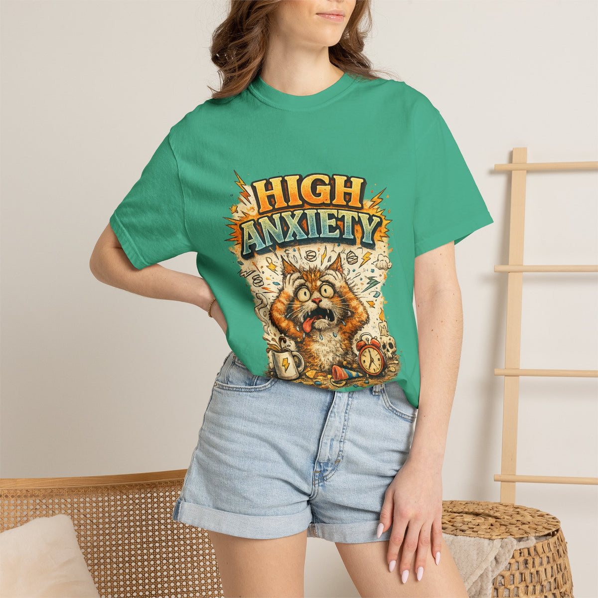 High Anxiety Cat Illustration T-shirt | Nervous Kitty Graphic Tee