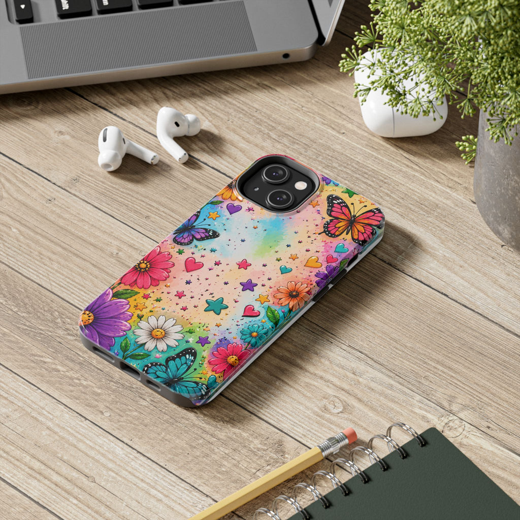 Colorful Butterflies and Flowers Tough Phone Case | Rainbow Hearts Stars
