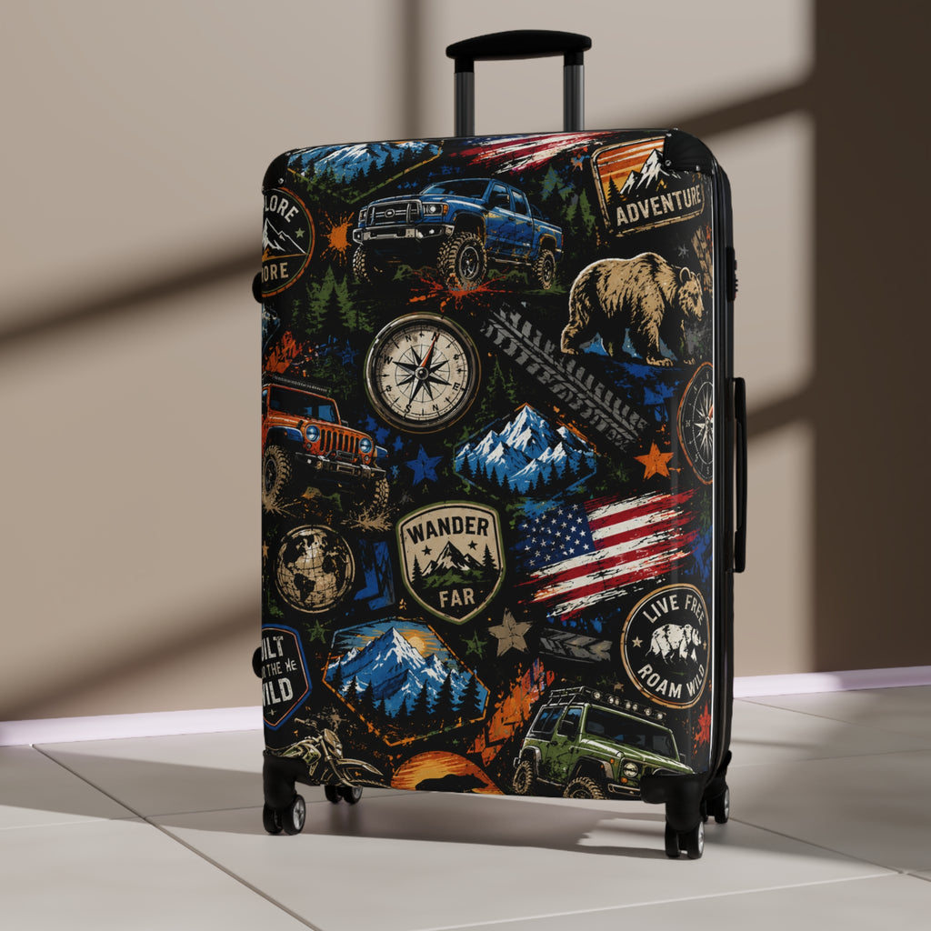 Adventure Patch Carry-On Suitcase – Wander Far Travel Luggage with Mountain, Compass & Bear Design