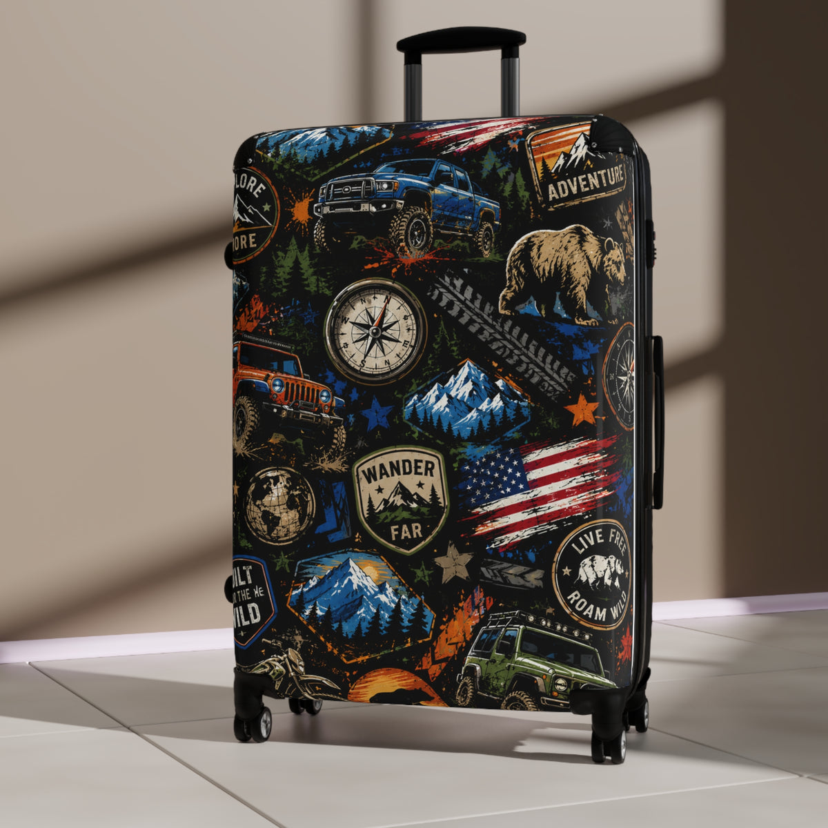 Adventure Patch Carry-On Suitcase – Wander Far Travel Luggage with Mountain, Compass & Bear Design