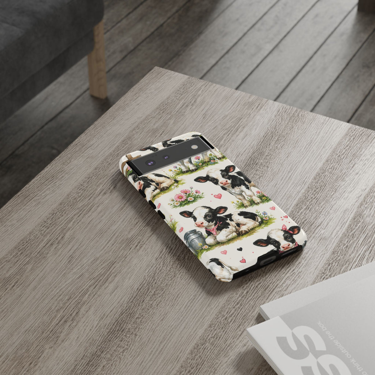 Cute Calf Pattern Phone Case – Pastel Cow Hearts & Flowers Protective Cover