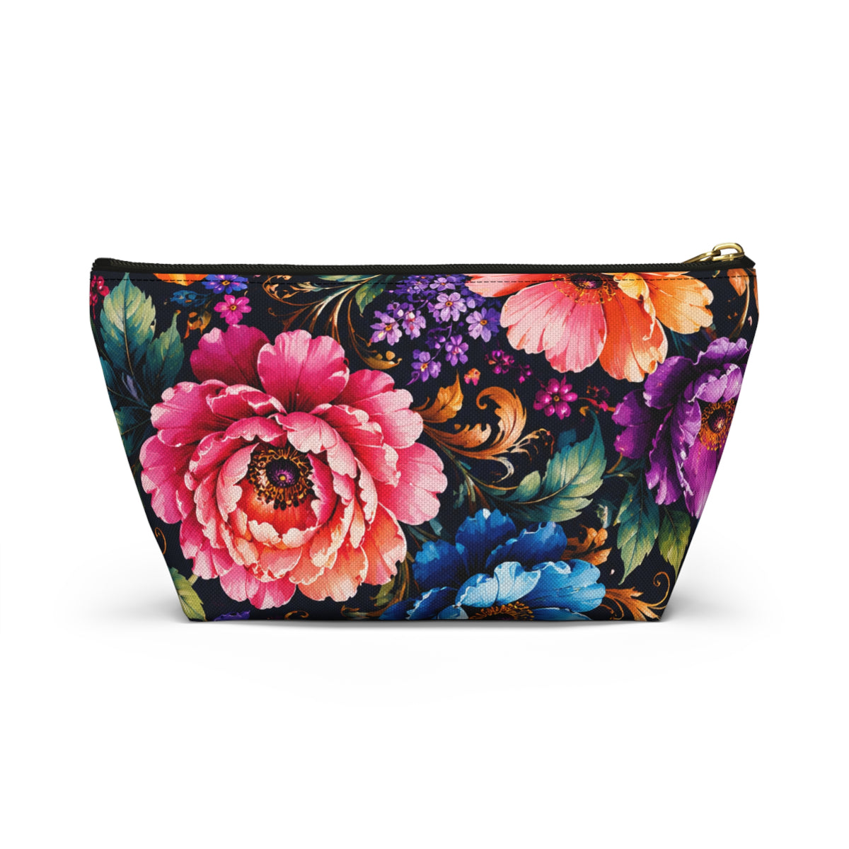 Floral Accessory Pouch — Vibrant Garden Makeup Bag with T-Bottom